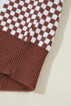 Brown Checkered Print Drop Shoulder Round Neck Sweater - My Store