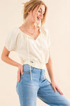 And The Why Cotton Gauze Back Waist Tie Cropped Blouse - My Store