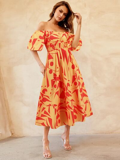 Printed Off-Shoulder Balloon Sleeve Dress - My Store