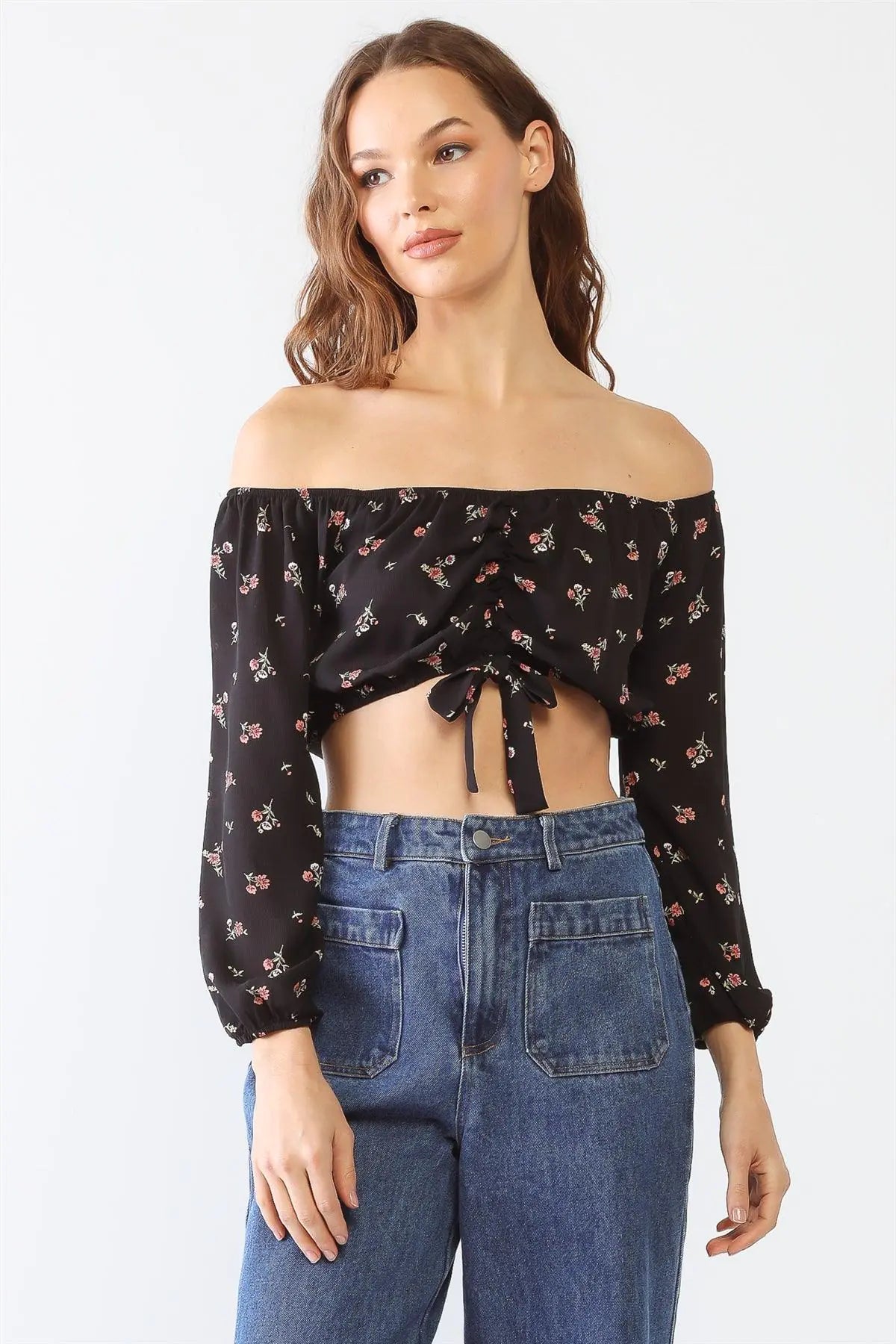 Floral Print Off-The-Shoulder Ruched Crop Top - My Store