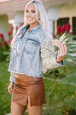 Sky Blue Leopard Patchwork Washed Distressed Denim Jacket - My Store