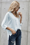 Elegant White V Neck 3/4 Sleeve High Low Hem Shirt - My Store