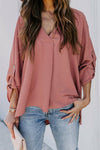 Pink V Neck 3/4 Sleeve High Low Hem Shirt - My Store