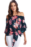 Navy Off Shoulder Floral Tie Front High Low Chiffon Blouse - My Store