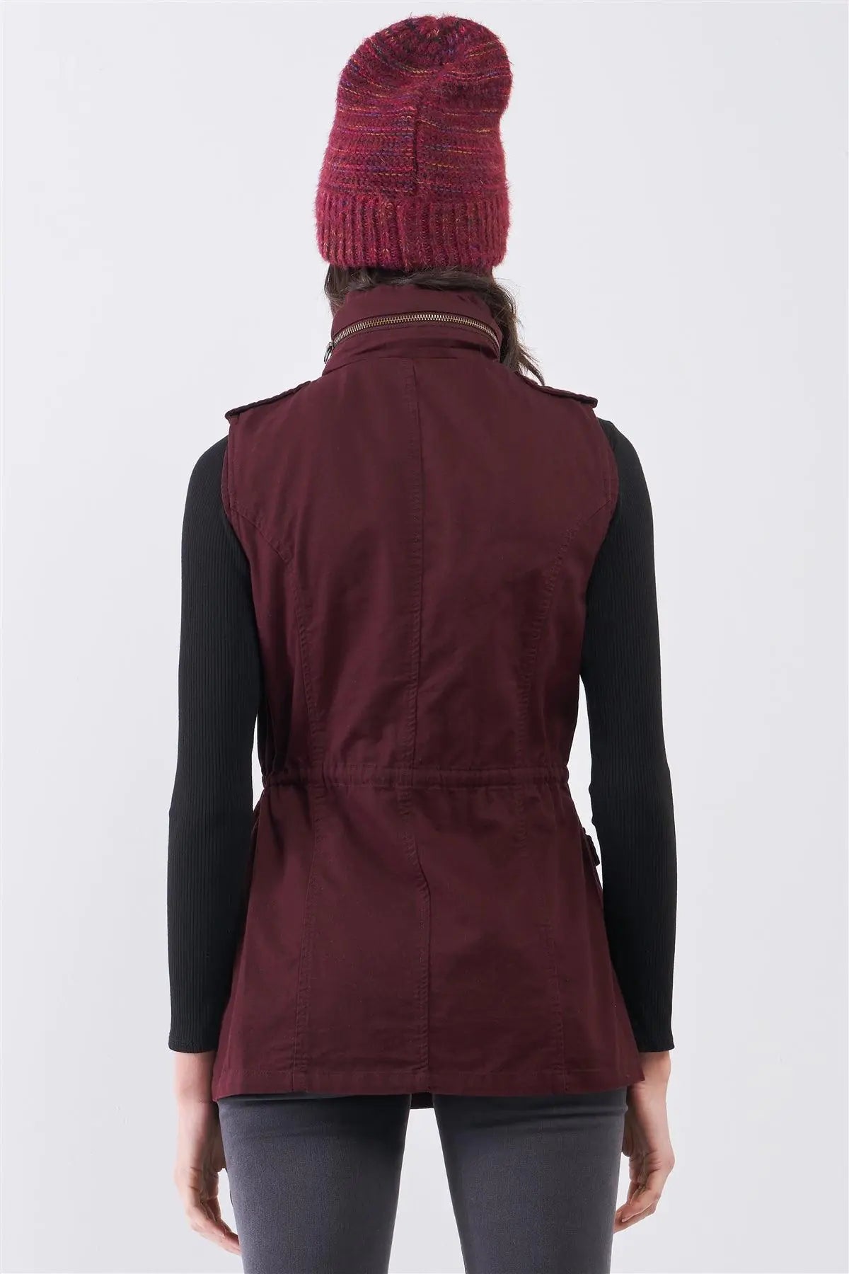 Burgundy Sleeveless Foldable Detachable Hood Detail Parka Utility Vest - My Store