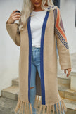 Double Take Geometric Fringe Hem Open Front Duster Cardigan - My Store