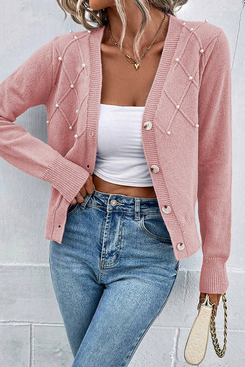 Sepia Rose Textured Knit Pearl Beaded Button Up Cardigan - My Store