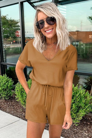 Casual Brown Short Sleeve Pocketed Knit Romper - My Store