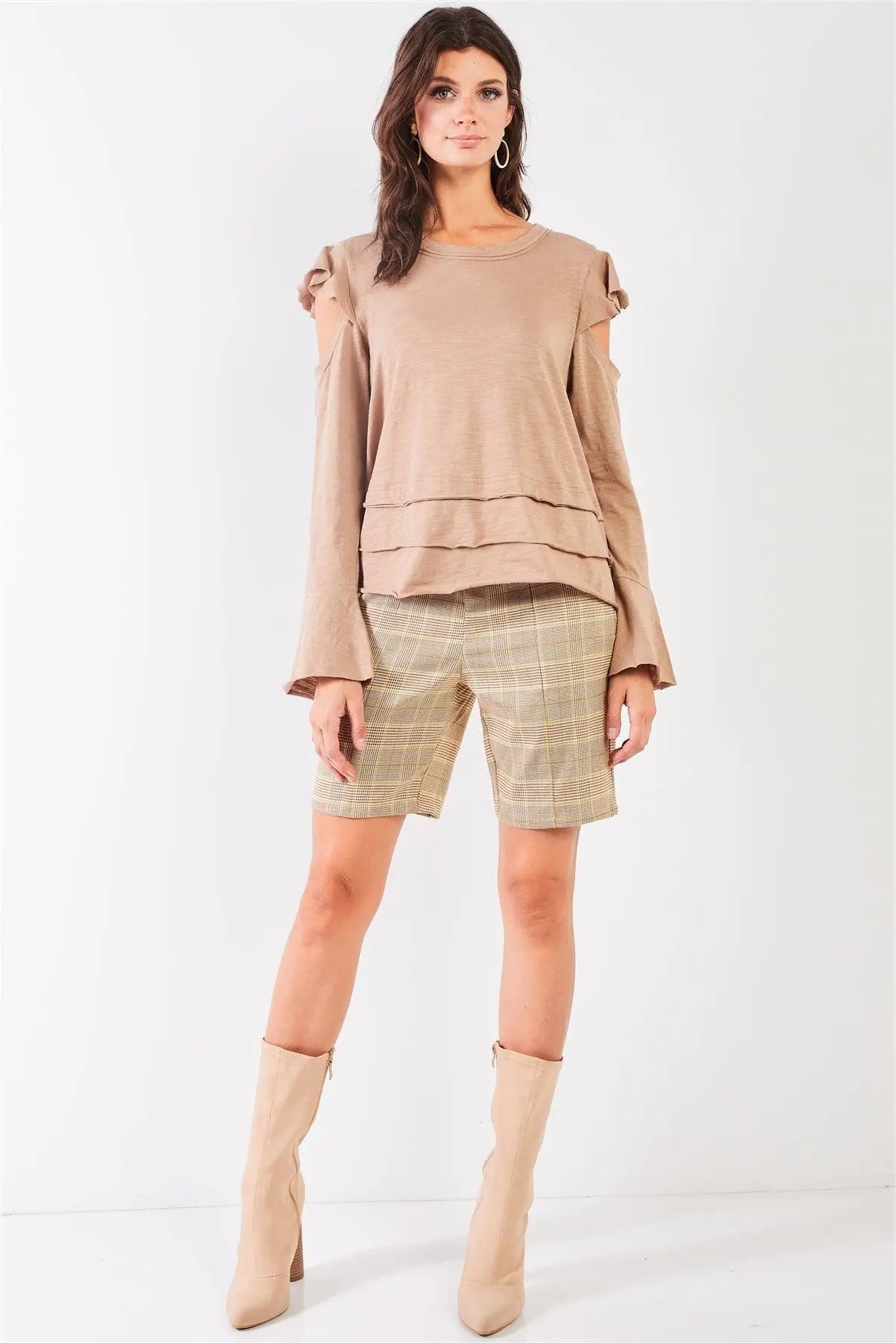 Taupe Cut-Out Shoulder Bell Sleeve Raw Edge Detail Layered Hem Top /2-2-2 - My Store