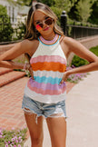 Multicolour Wavy Striped Print Textured Knit Sleeveless Sweater Top - My Store