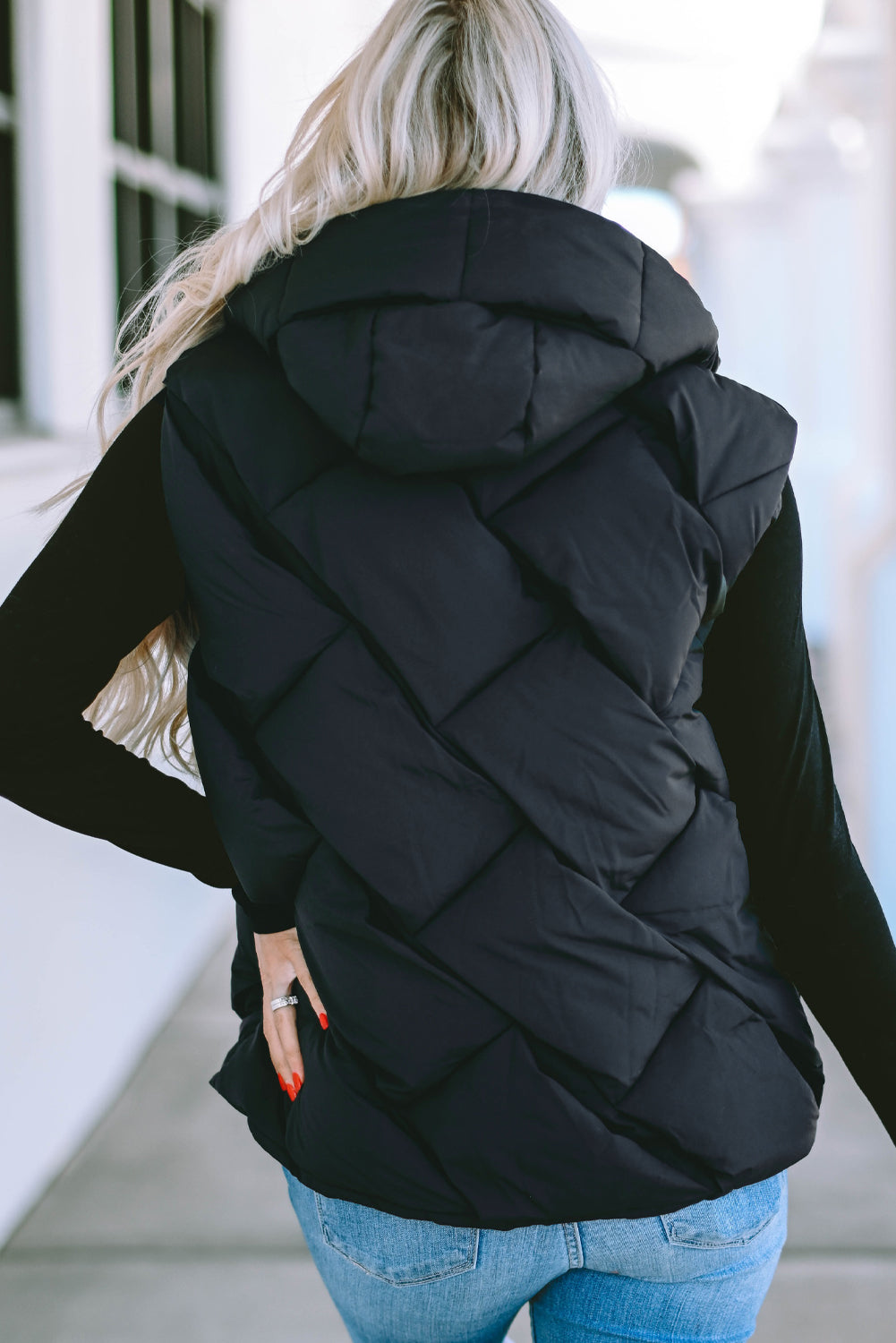 Black Quilted Zipper Front Hooded Vest Coat - My Store