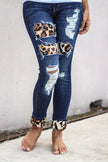 Fashion Women's Blue Hollow Out Leopard Splice Ripped Jeans - My Store