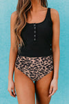 Black Square Neck Sleeveless Fashion Print Tankini Set - My Store