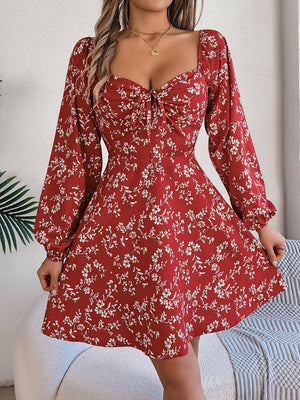 Printed Sweetheart Neck Balloon Sleeve Mini Dress - My Store