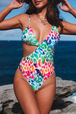 Multicolor Leopard Kiss Print Asymmetric Cutout One Piece Swimwear - My Store