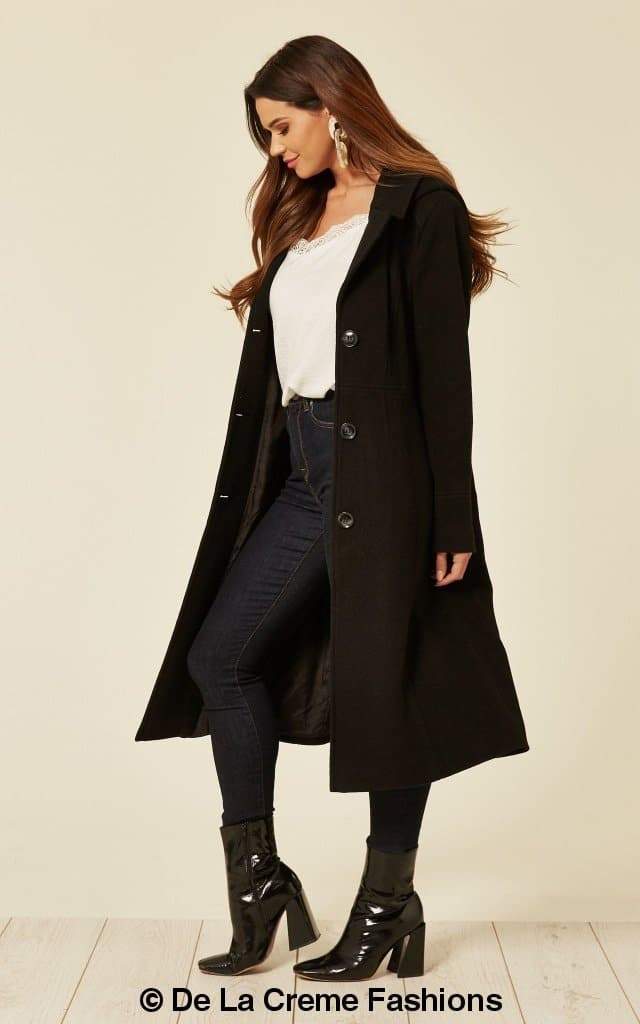 Wool Blend Hooded Mid Length Coat (1704) - My Store