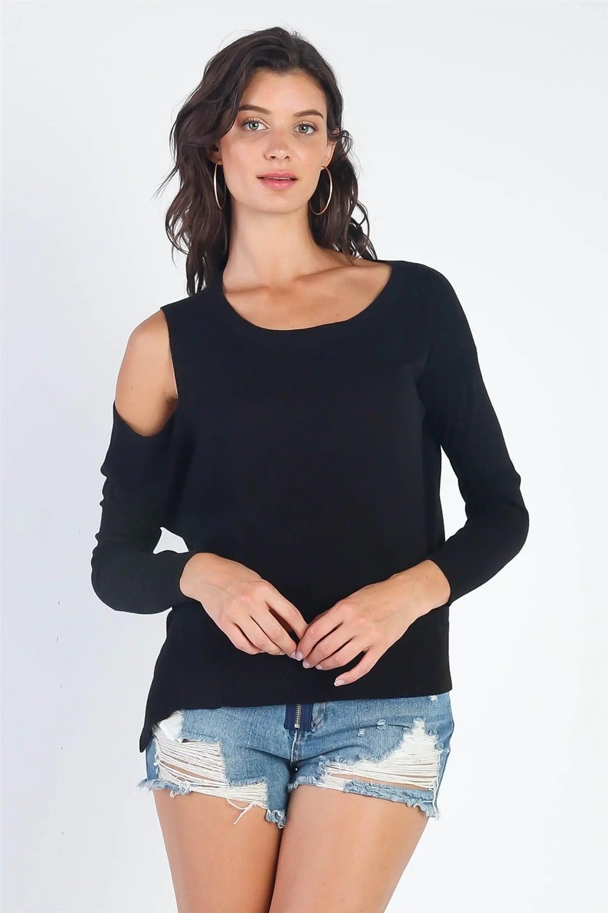 Basic Cold Shoulder Long Sleeve Soft Knit Top