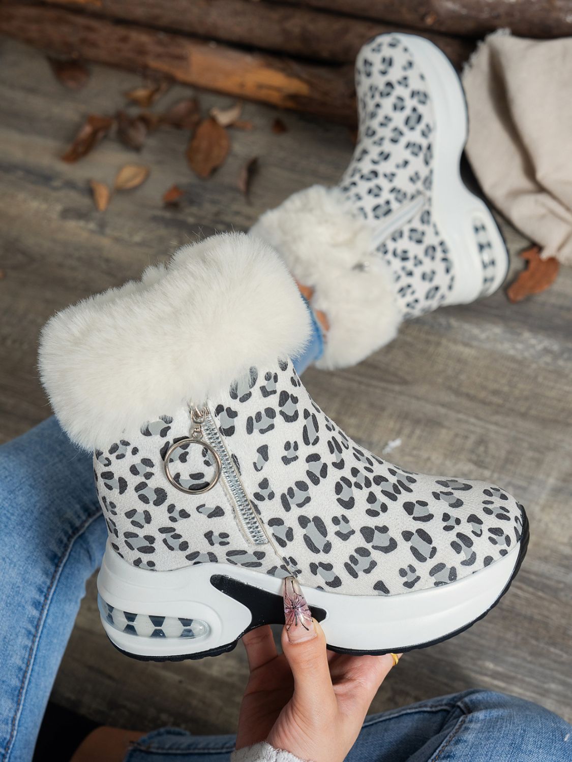 Side Zipper Leopard Platform Boots - My Store