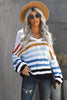 Women's Multicolor Stripe Bubblegum V-Neck Braided Knit Sweater - My Store