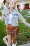 Sky Blue Leopard Patchwork Washed Distressed Denim Jacket - My Store