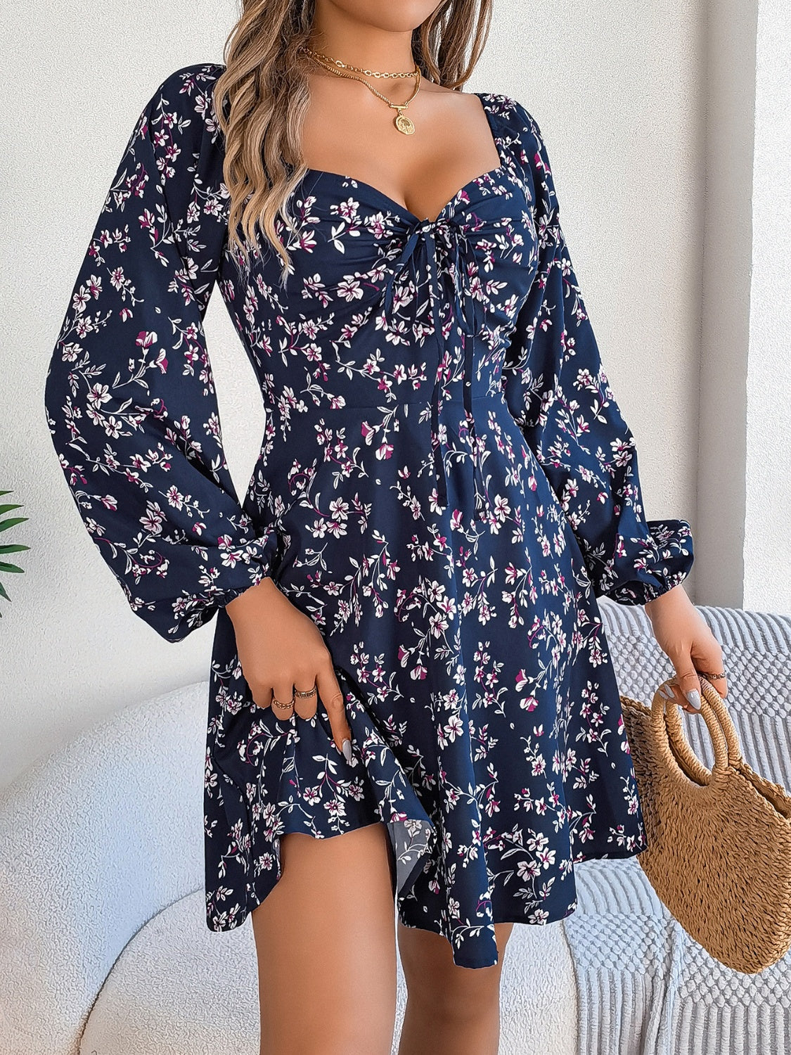 Printed Sweetheart Neck Balloon Sleeve Mini Dress - My Store