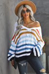 Women's Multicolor Stripe Bubblegum V-Neck Braided Knit Sweater - My Store