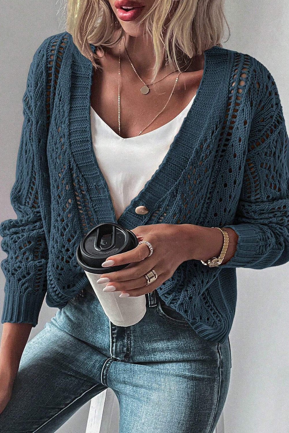 Dark Khaki Open Knit Drop Shoulder Sweater Cardigan - My Store