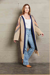 Double Take Geometric Fringe Hem Open Front Duster Cardigan - My Store