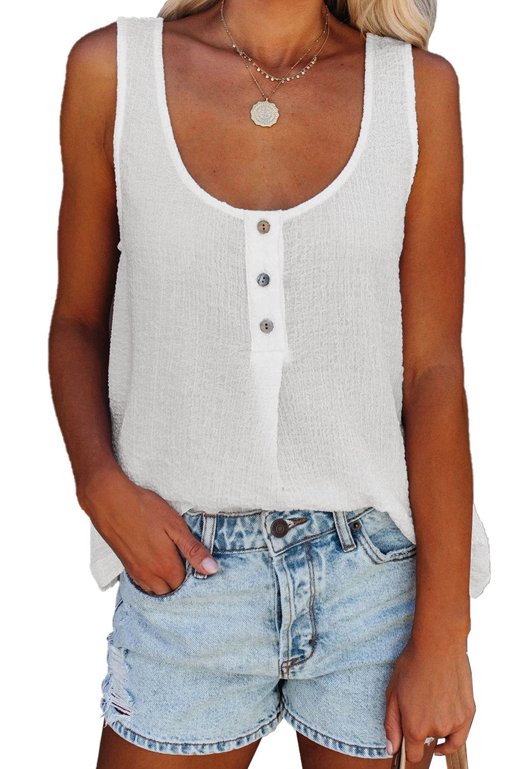 Button Textured Cotton Tank Top - My Store