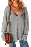 Light Grey Oversized V Neck Drop Shoulder Sweater with Eyelet Detail - My Store