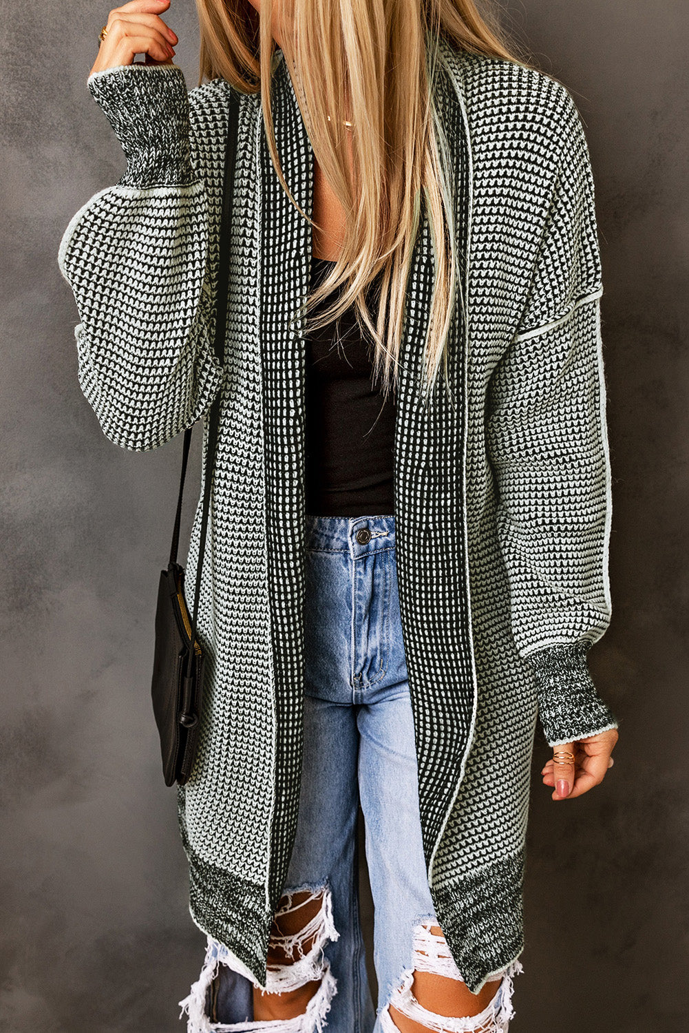 Gray Plaid Knitted Long Open Front Cardigan - My Store