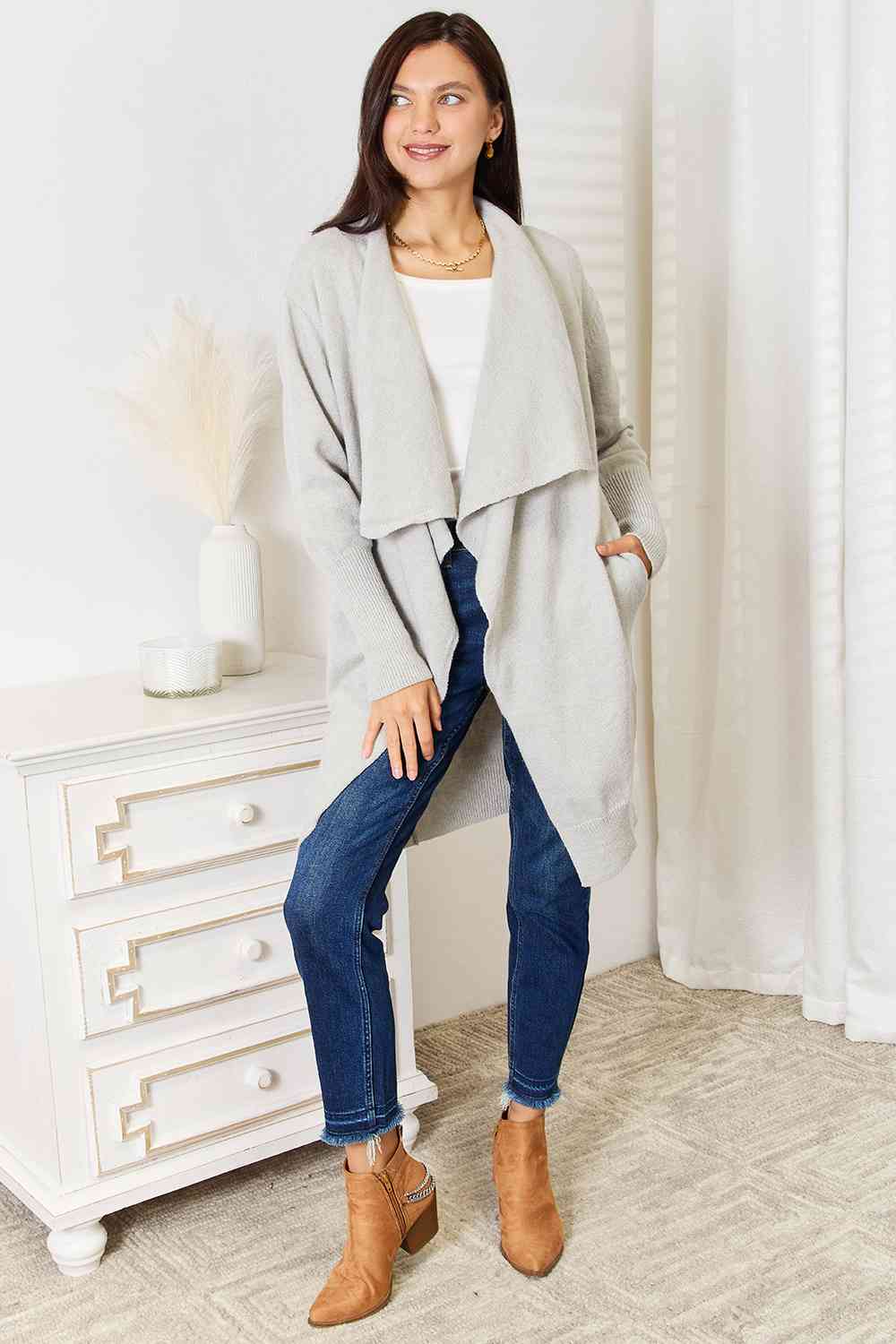 Double Take Open Front Duster Cardigan with Pockets - My Store