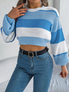 Color Block Round Neck Cropped Sweater - My Store