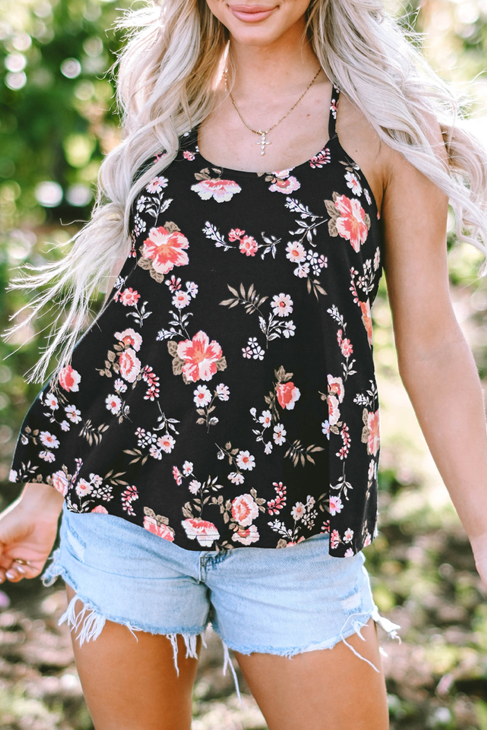 Beige Floral Spaghetti Straps Strappy Back Tank Top - My Store