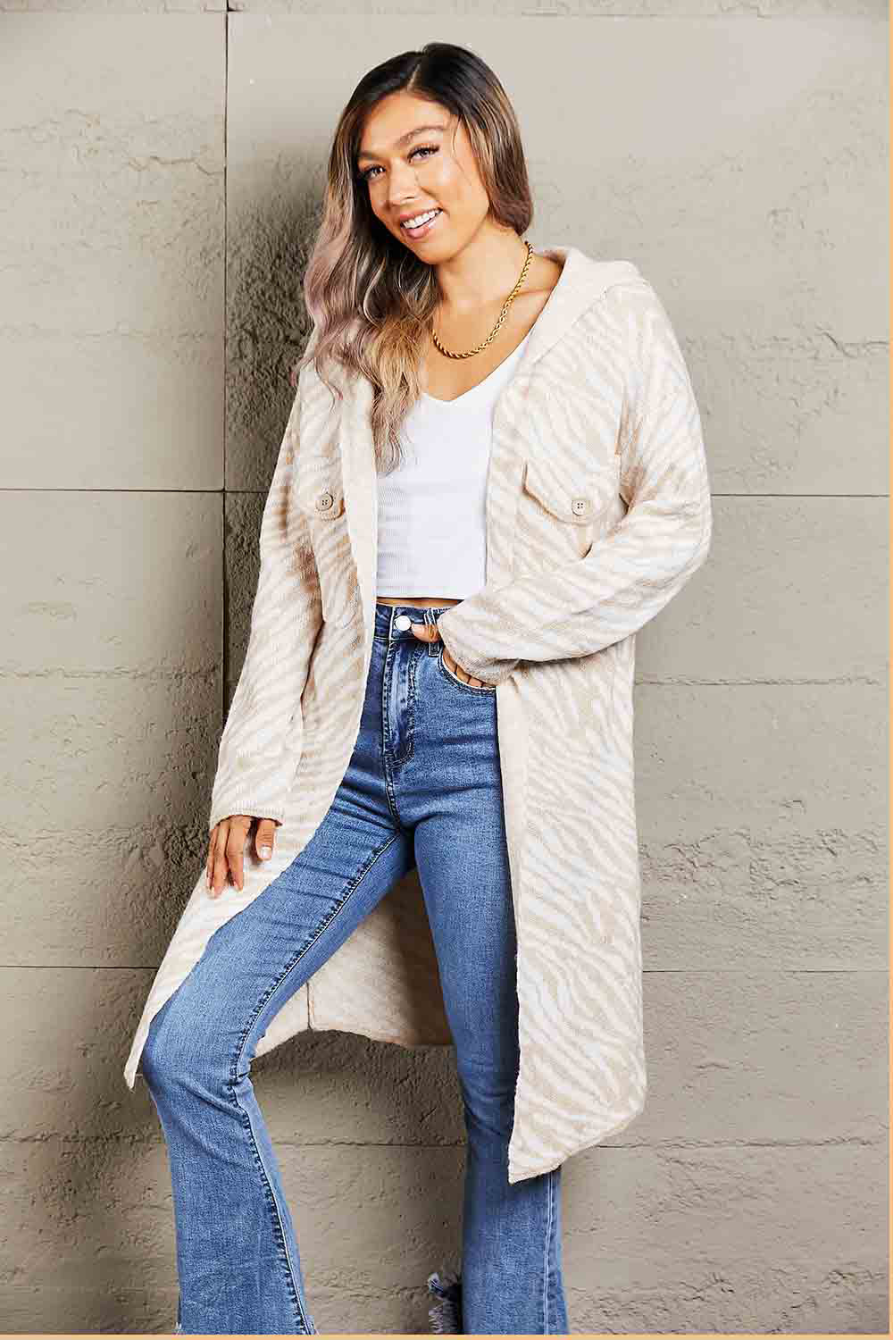 Double Take Printed Open Front Hooded Longline Cardigan - My Store