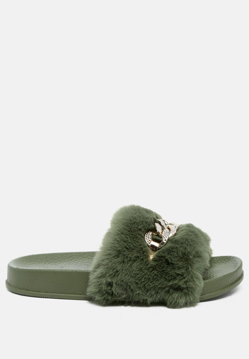 Chums Metal Chain Detail Fur Slides - My Store