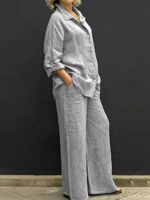 Lapel Blouse and Loose Straight Pants