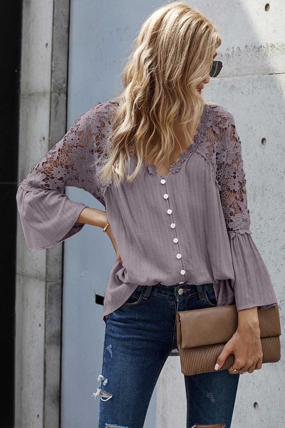 Chic Purple Crochet Lace Button Blouse Top - My Store