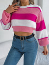 Color Block Round Neck Cropped Sweater - My Store