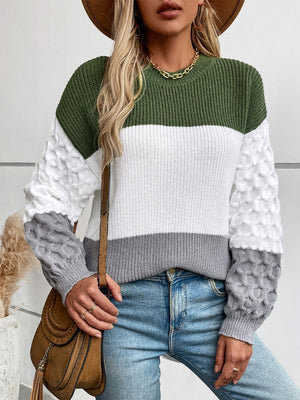 Color Block Round Neck Long Sleeve Sweater - My Store