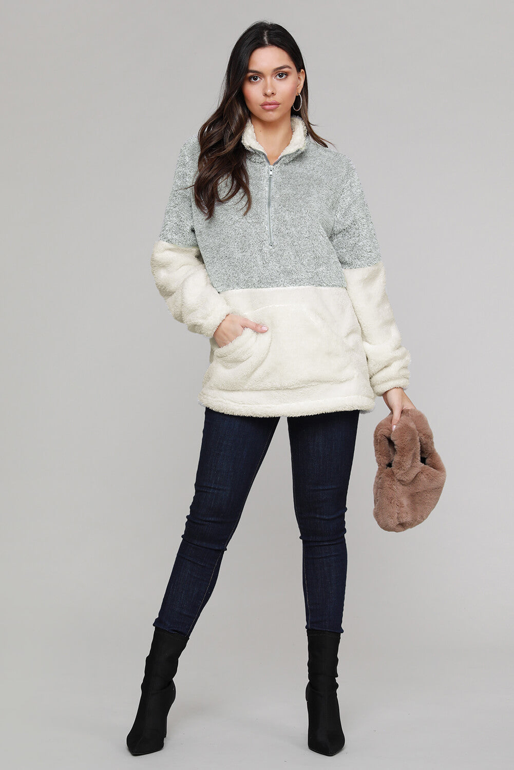 Grey White Zip Neck Oversize Fluffy Fleece Pullover - My Store