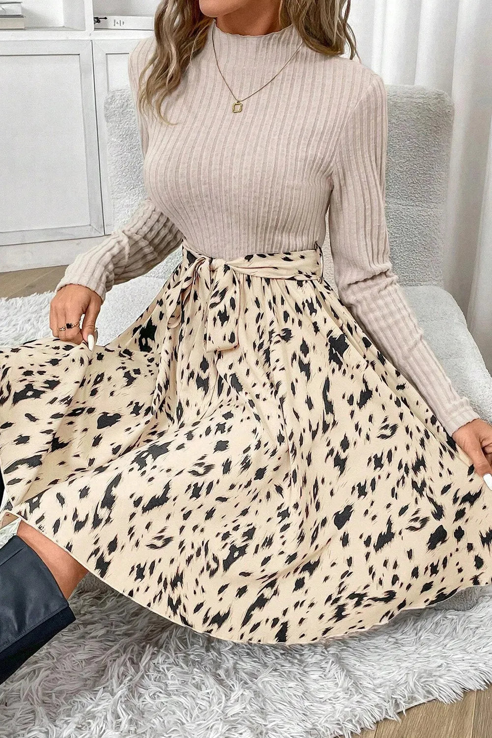 Tied Printed Mock Neck Long Sleeve Dress - My Store