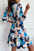 Blue Abstract Floral Long Sleeve Tied Ruffle Dress - My Store