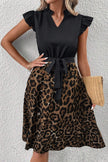 Black Flutter Sleeve Bodice Splicing Leopard Print Dress - My Store