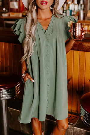 Mist Green Ruffle Sleeve V Neck Frilled Shift Dress - My Store