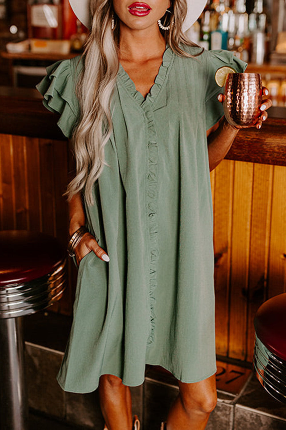 Mist Green Ruffle Sleeve V Neck Frilled Shift Dress - My Store