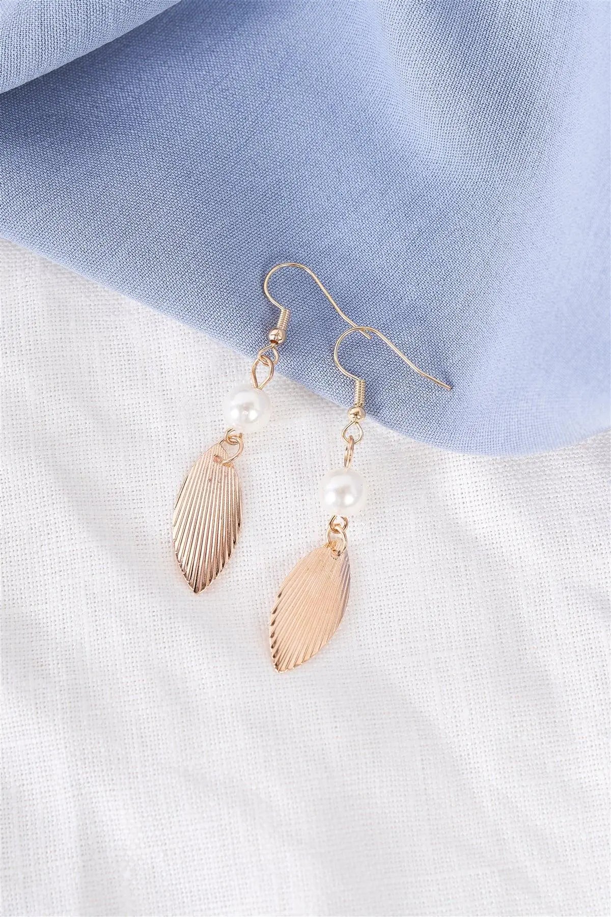 Gold & Pearl Feather Drop Earrings - My Store