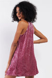 Pink Rose Velvet Square Halter Neck Mini Dress - My Store