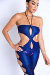 Glittery Cutout Halter Neck Keyhole Sexy Party Jumpsuit BLUE/FUCHSIA - My Store