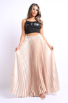 Elastic High Waist A-Line Pleated Satin Maxi Skirt TAUPE - My Store